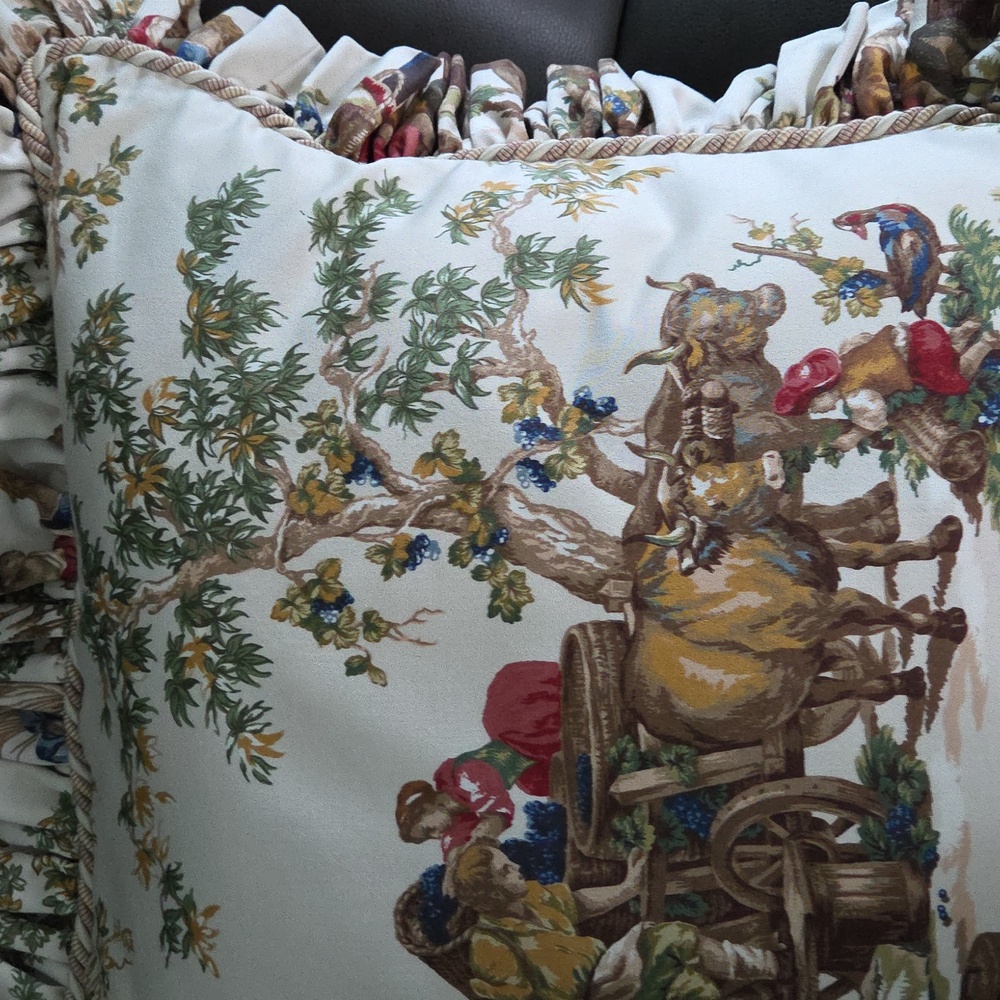 French Country Toile Ruffled Throw Pillows with Rustic Scene - Picture 12 of 17